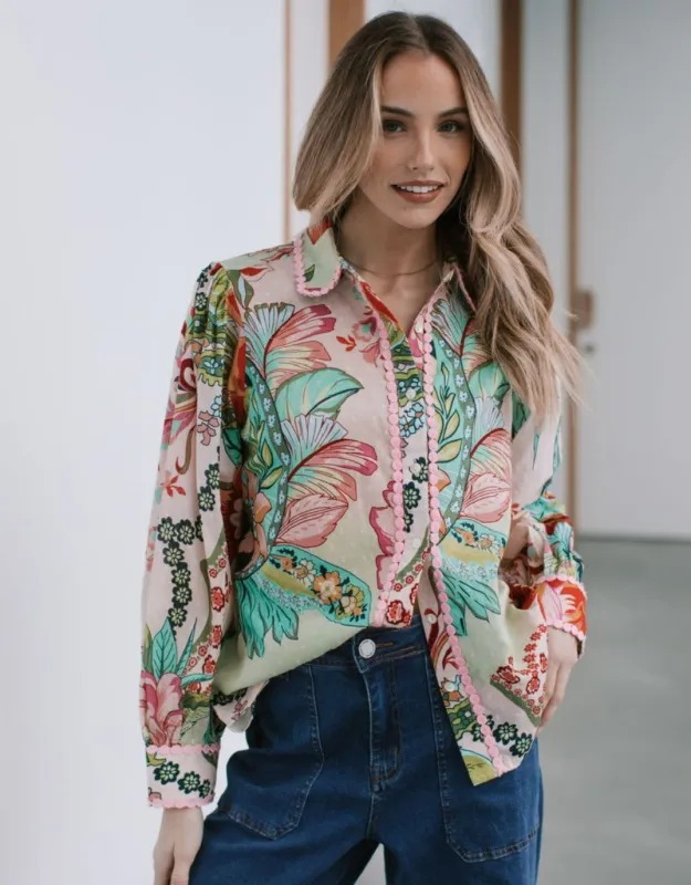 Tropezena Lace Trim Blouse - Pink/Green sold by White & Co