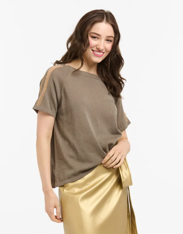 Lurex Shoulder Sweater - Mud/Rose Gold sold by White & Co