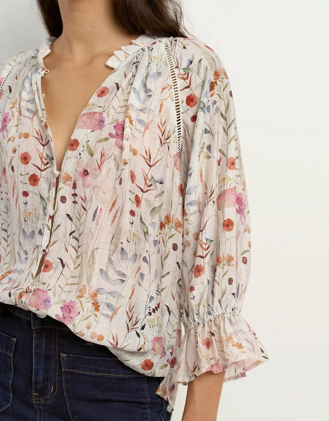 Encounter Gathered Button Front Top - Cream Floral sold by White & Co product image thumbnail 4