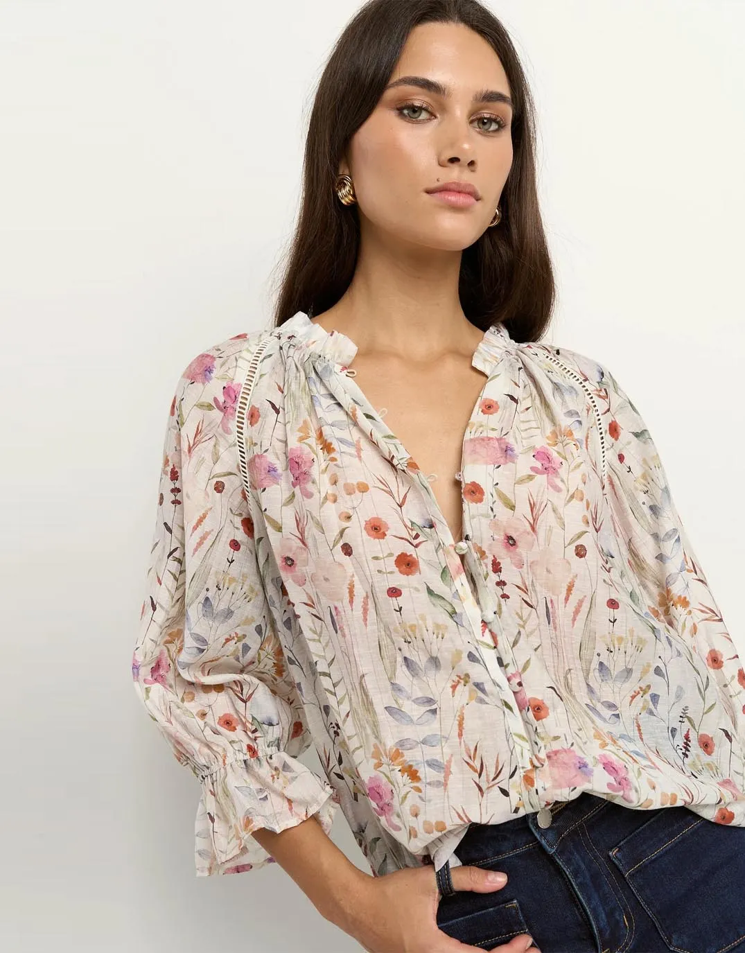 Encounter Gathered Button Front Top - Cream Floral sold by White & Co product image thumbnail 2