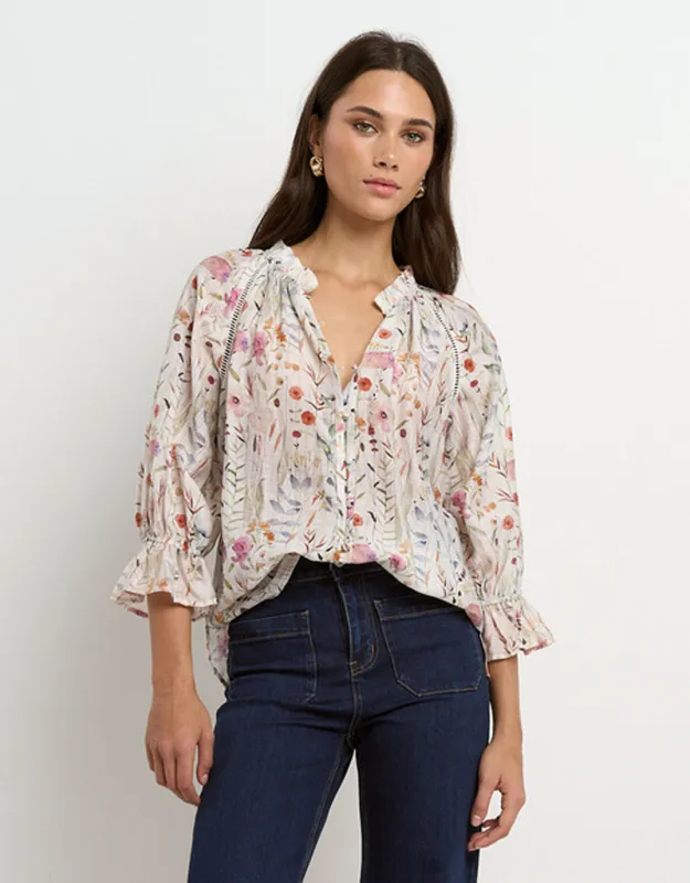 Encounter Gathered Button Front Top - Cream Floral sold by White & Co