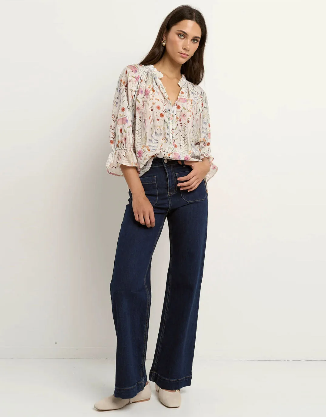 Encounter Gathered Button Front Top - Cream Floral sold by White & Co product image thumbnail 3