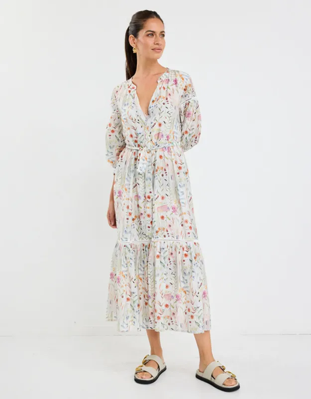 Wisdom Balloon Sleeve Midi Shirt Dress - Cream Floral sold by White & Co
