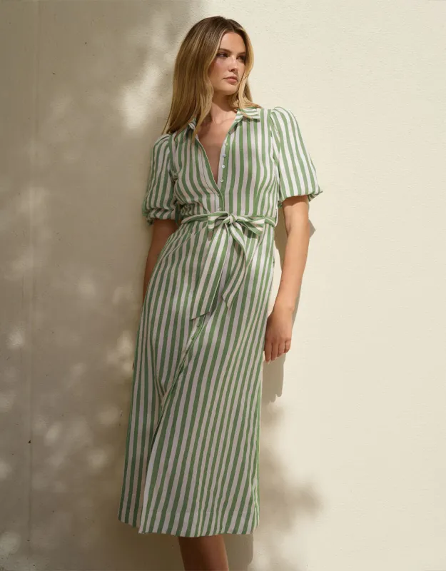 Kindred Puff Sleeve Midi Shirt Dress - Moss Stripe sold by White & Co