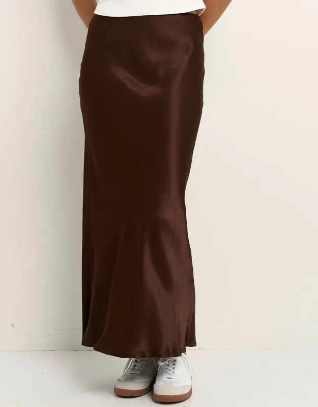 Rosette Satin Bias Midi Skirt - Chocolate sold by White & Co
