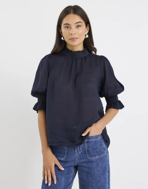 Verse Sheer High Neck Short Sleeve Top - Navy sold by White & Co