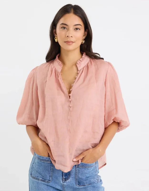 Closure High Neck Buttoned Top - Blush sold by White & Co