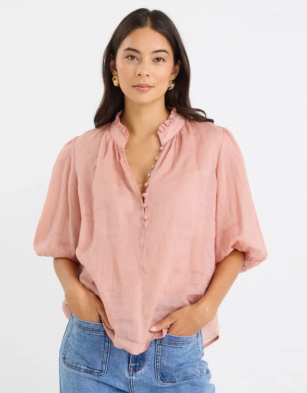 Closure High Neck Buttoned Top - Blush sold by White & Co