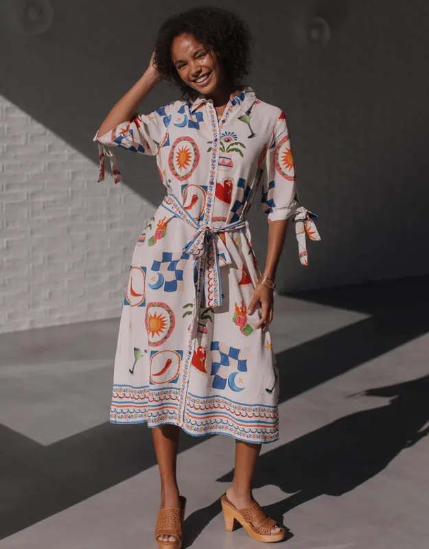 Spicy Margarita Tie Shirt Dress - White/Red/Cobalt Multi sold by White & Co