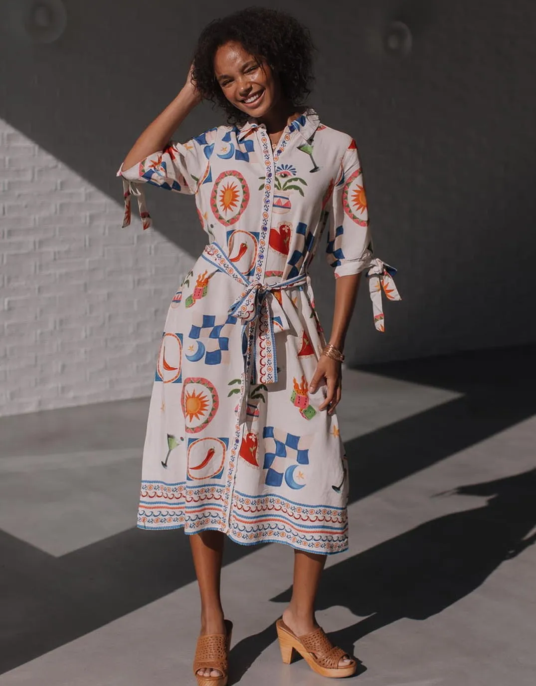 Spicy Margarita Tie Shirt Dress - White/Red/Cobalt Multi sold by White & Co