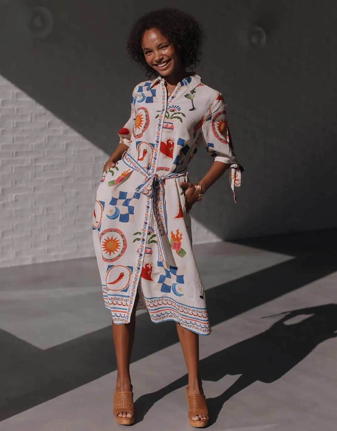 Spicy Margarita Tie Shirt Dress - White/Red/Cobalt Multi sold by White & Co product image thumbnail 3