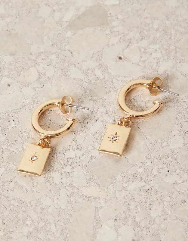 Rectangle Pendant Gold Hoop Earrings sold by White & Co