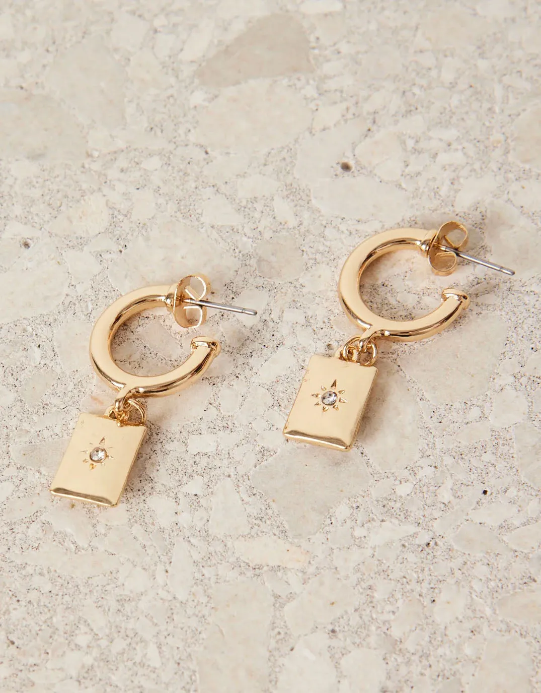 Rectangle Pendant Gold Hoop Earrings sold by White & Co