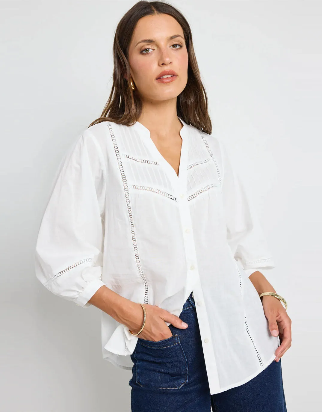 Ornamental Lace Insert Pintuck Shirt - White sold by White & Co