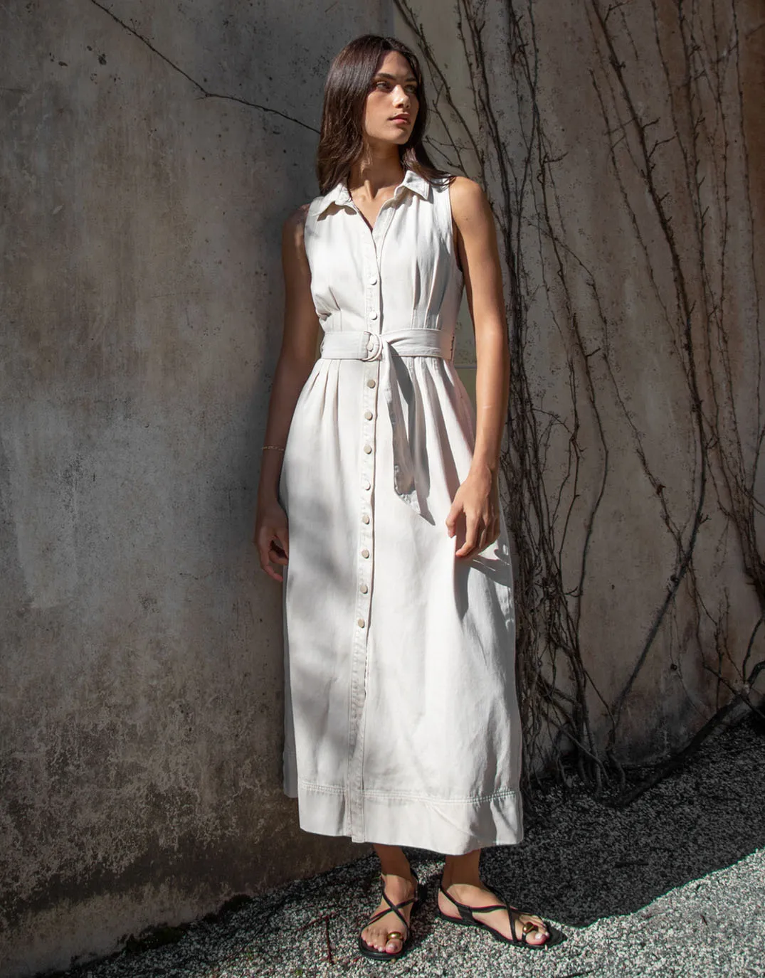 Crescent Denim Sleeveless Midi Shirt Dress - Ecru sold by White & Co