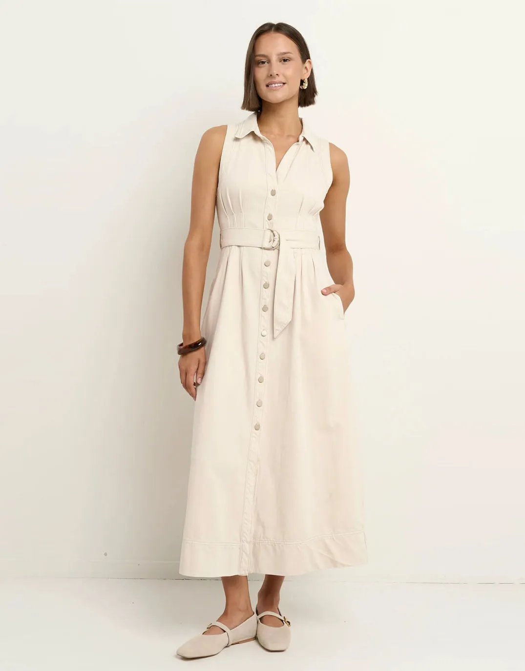 Crescent Denim Sleeveless Midi Shirt Dress - Ecru sold by White & Co product image thumbnail 2