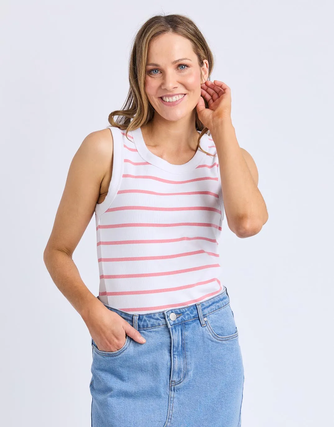Iris Stripe Tank - White with Rose Stripe sold by White & Co