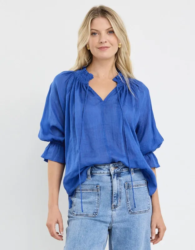 Expedition Shirred Neck Short Sleeve Top - Blue sold by White & Co