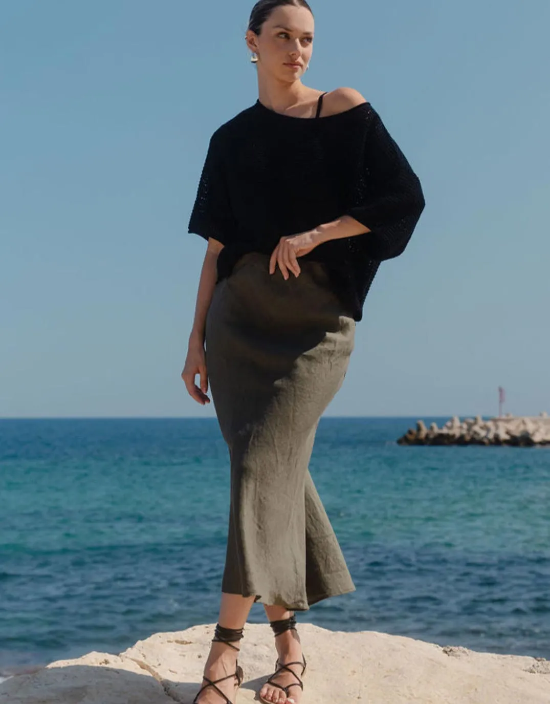 Bliss Linen Bias Midi Skirt - Khaki sold by White & Co product image thumbnail 2