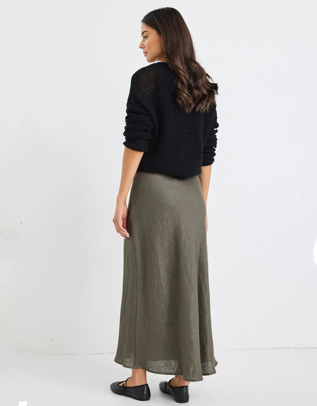 Bliss Linen Bias Midi Skirt - Khaki sold by White & Co product image thumbnail 4
