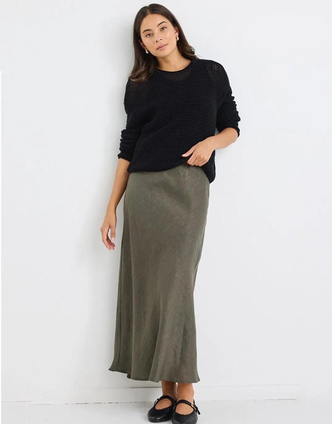 Bliss Linen Bias Midi Skirt - Khaki sold by White & Co product image thumbnail 5