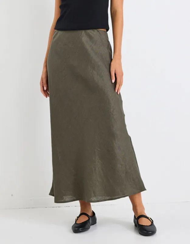 Bliss Linen Bias Midi Skirt - Khaki sold by White & Co
