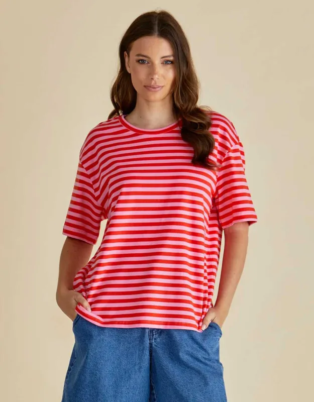 Relax Boxy Tee - Pink/Red Stripe sold by White & Co