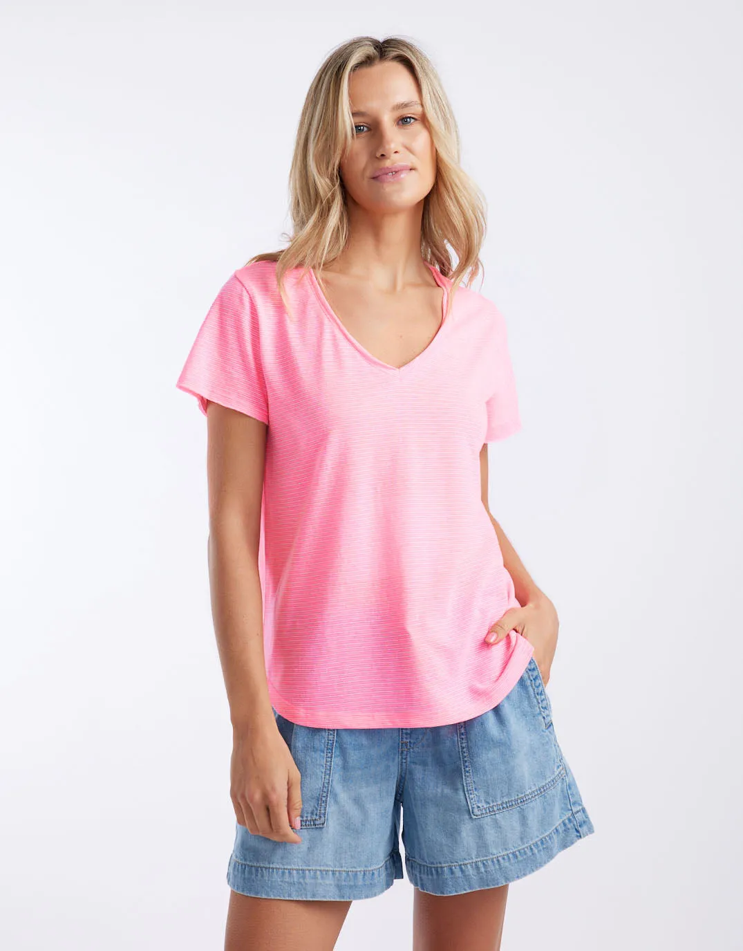 Sorbet Stripe Vee Neck Tee - Neon Pink sold by White & Co product image thumbnail 4