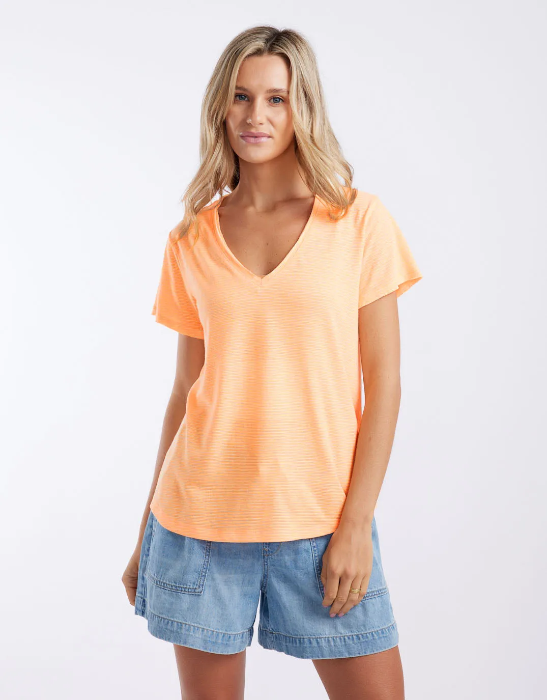 Sorbet Stripe Vee Neck Tee - Neon Orange sold by White & Co