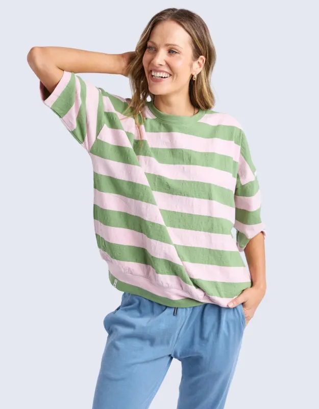Mazie Block Stripe Sweat - Forest Green & Pink Lady Stripe sold by White & Co