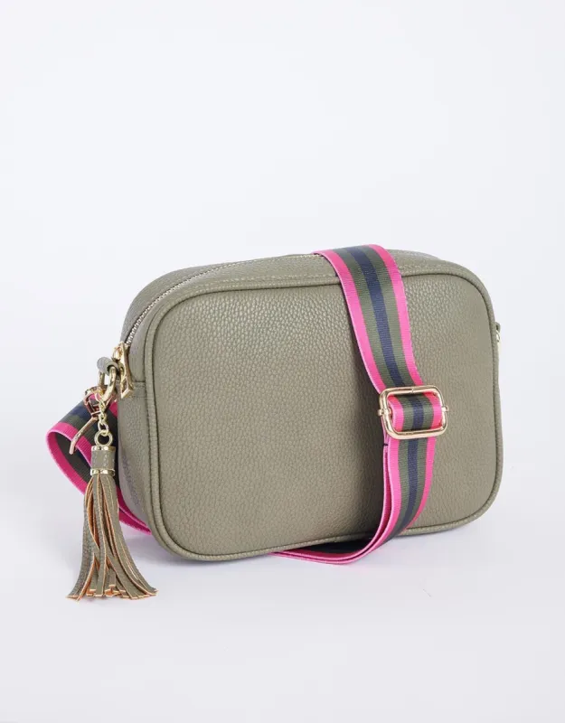 Zoe Crossbody Bag - Khaki with Khaki/Hot Pink Stripe sold by White & Co