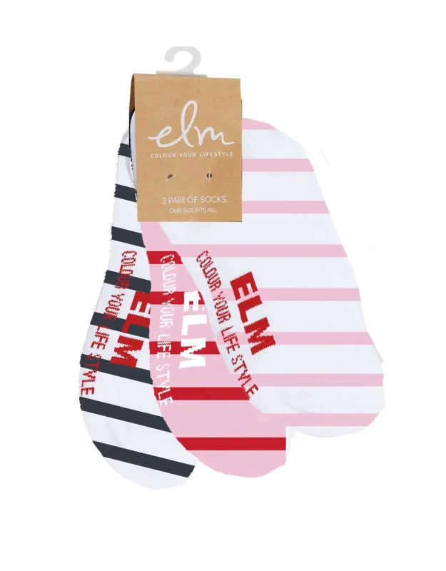 No Show Sock 3pk - Navy/Red/Pink White Stripe made by Elm Lifestyle