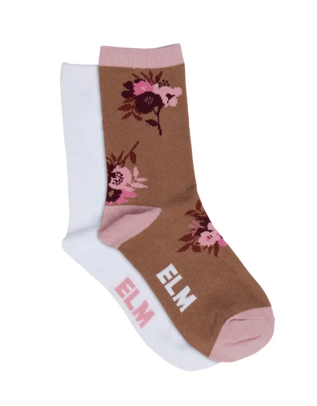Posy Floral Ankle Socks 2pk - Tan Floral & White made by Elm Lifestyle