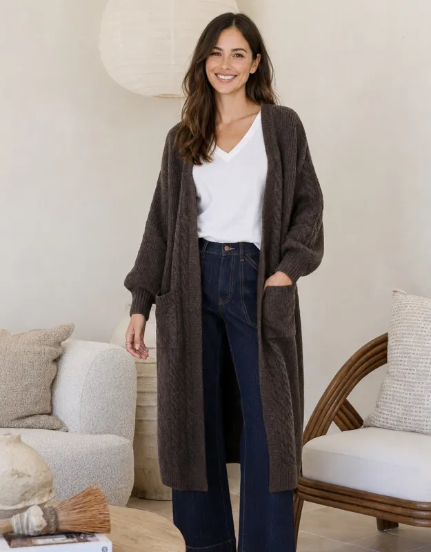 Longline Cable Cardi - Chocolate made by White & Co