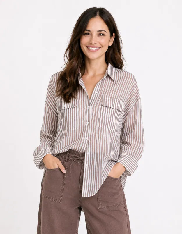 Preppy Pocket Front Shirt - Chocolate Stripe made by White & Co