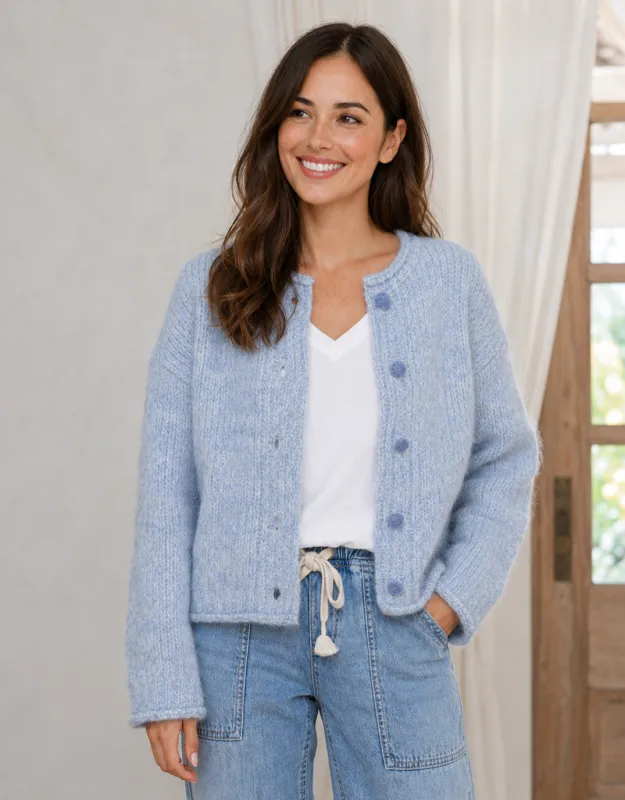Taylor Wool Blend Cardi - Blue/White made by White & Co