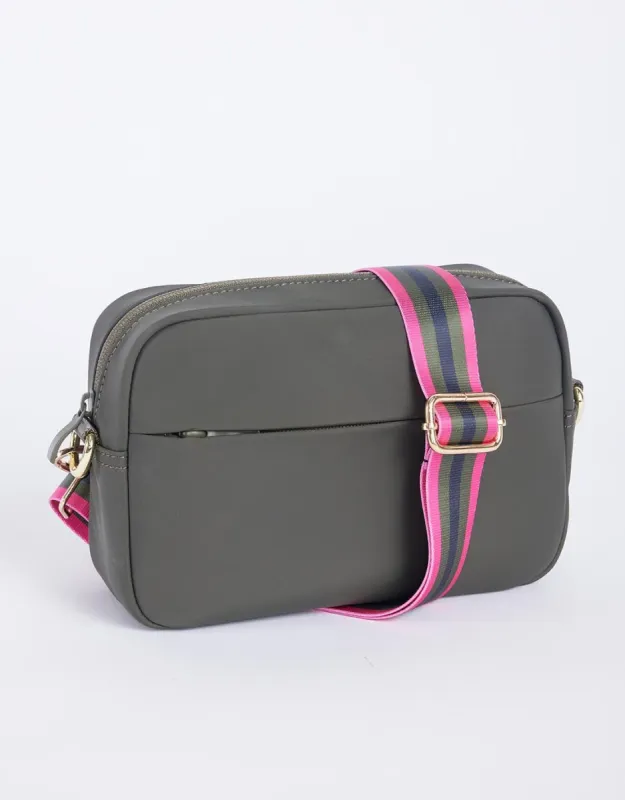 Off-Duty Crossbody Bag - Khaki with Khaki/Hot Pink Stripe sold by White & Co