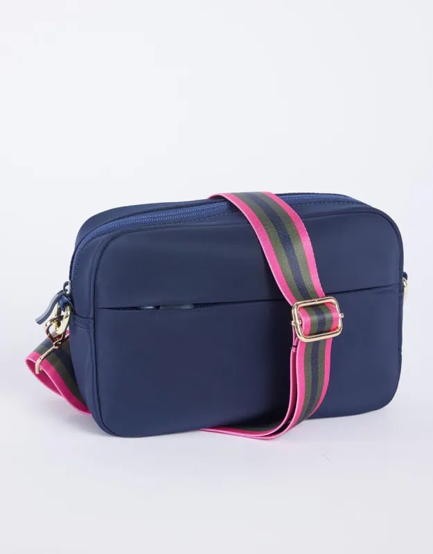 Off-Duty Crossbody Bag - Navy with Khaki/Hot Pink Stripe sold by White & Co
