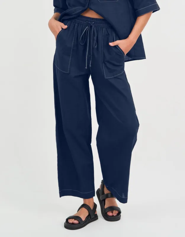 Contrast Stitch Linen Pant - Navy sold by White & Co
