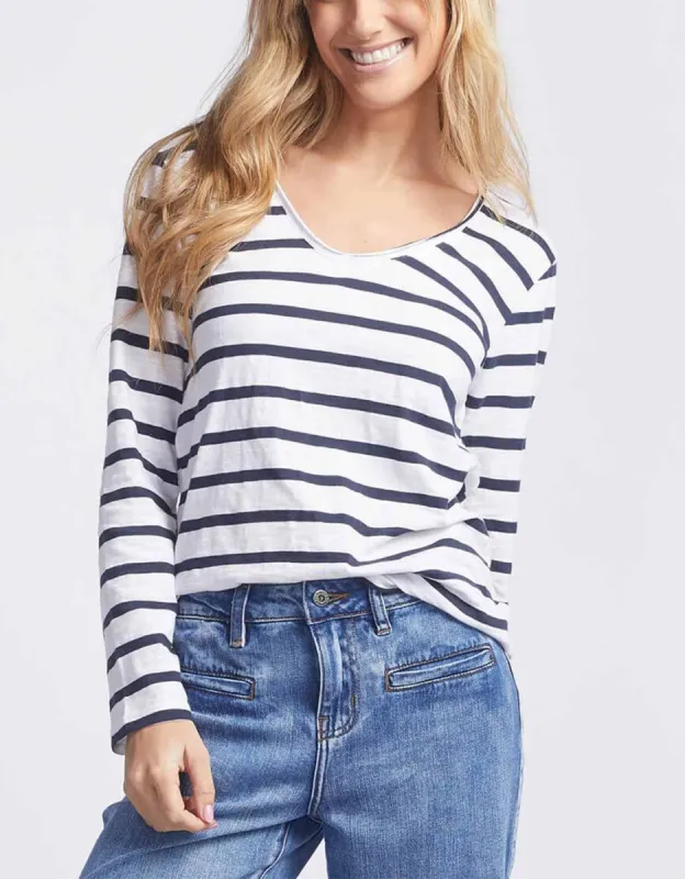 Original V-Neck Long Sleeve T-Shirt - Navy/White Stripe sold by White & Co