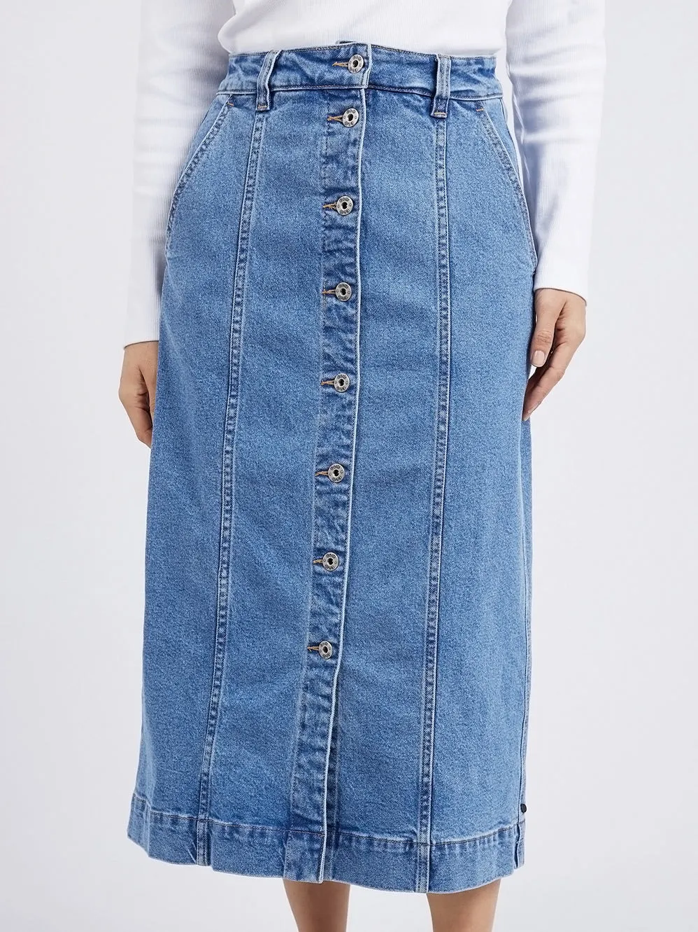 ELM FLORENCE BUTTON THRU DENIM SKIRT sold by Yeltuor