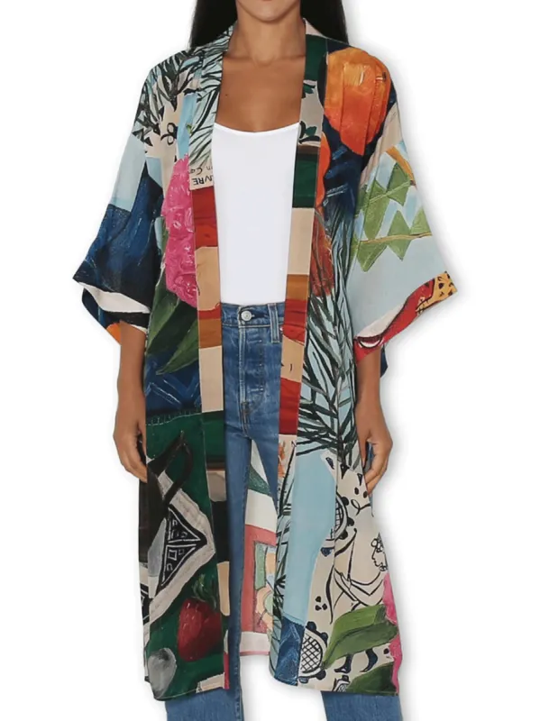 THE ARTISTS LABEL A SLICE OF LIFE ON BLUE LONG SILK KIMONO sold by Yeltuor