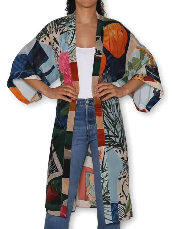 THE ARTISTS LABEL A SLICE OF LIFE ON BLUE LONG SILK KIMONO sold by Yeltuor