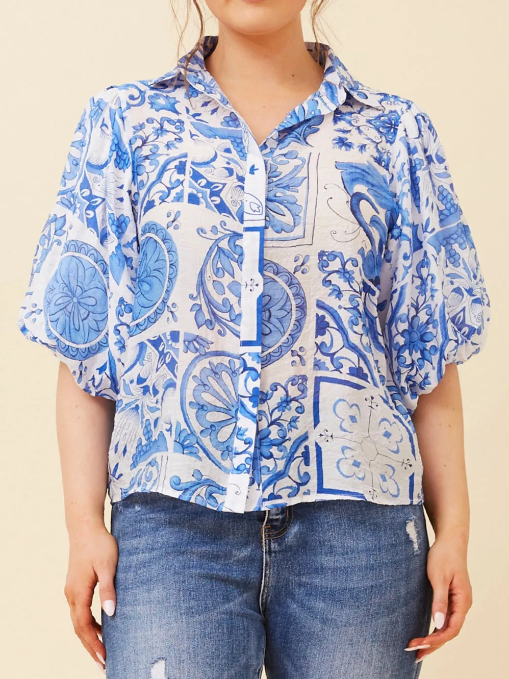 CAROLINE K MORGAN PUFF SLEEVE PATCHWORK BLOUSE sold by Yeltuor