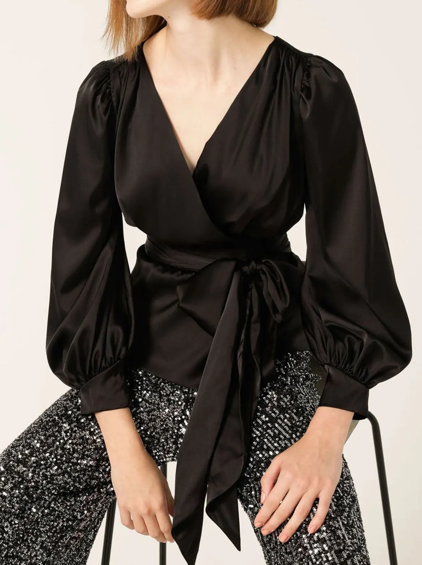 SACHA DRAKE SATIN FAUX WRAP TOP sold by Yeltuor