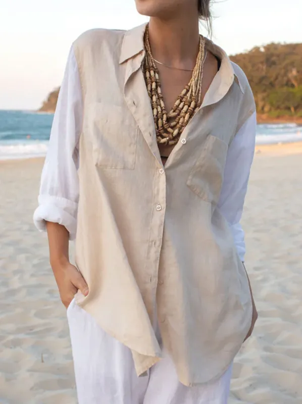 HUT CONTRAST SLEEVE LINEN SHIRT sold by Yeltuor