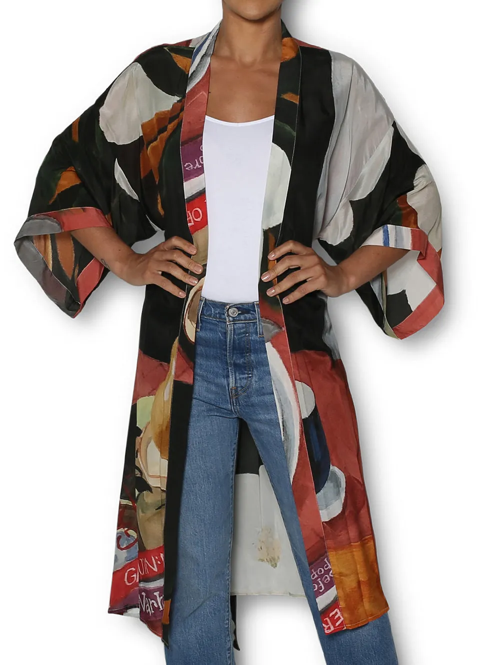 THE ARTISTS LABEL MAGNOLIAS ON CHARLKBOARD LONG SILK KIMONO sold by Yeltuor