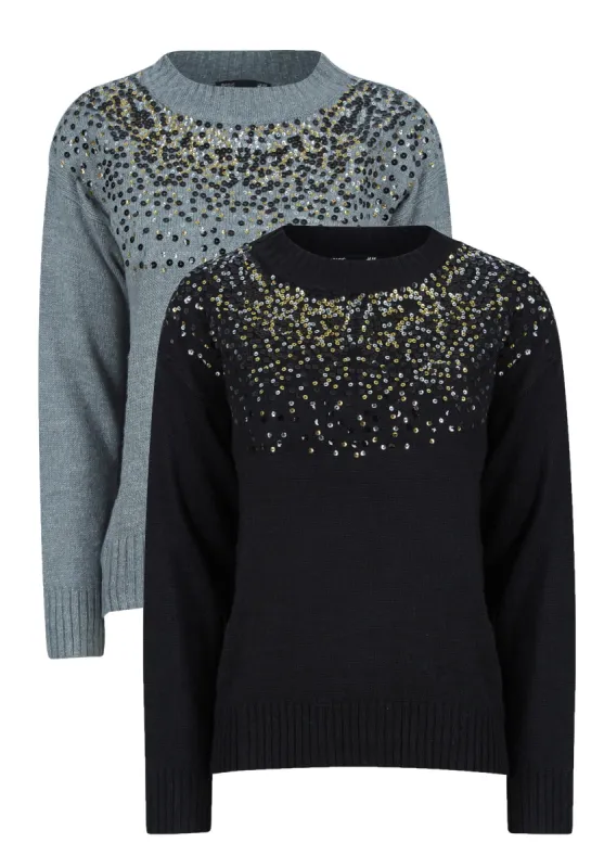 Ex H&M Ladies Sequin Front Festive Jumper Black Grey sold by Your Style Outlet