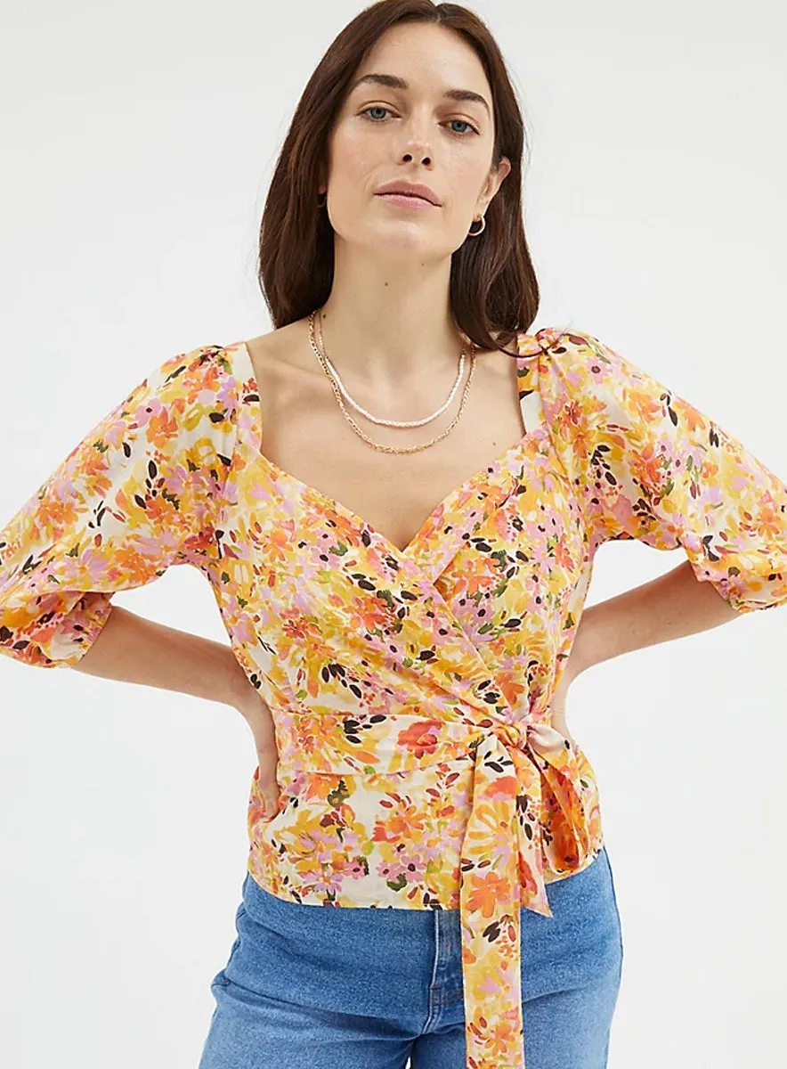 Ladies Yellow Floral Wrap Front Blouse sold by Your Style Outlet