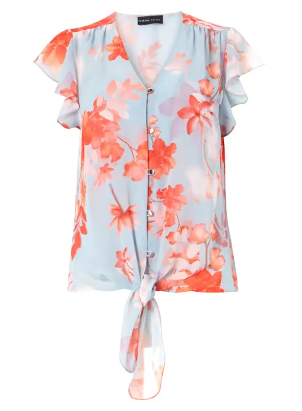 Ex Roman Originals Grey Frill Sleeve Tie Front Blouse sold by Your Style Outlet